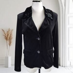 Vintage Black Stretch Velvet Blazer Size M Embroidered Floral Lapels Whimsigoth